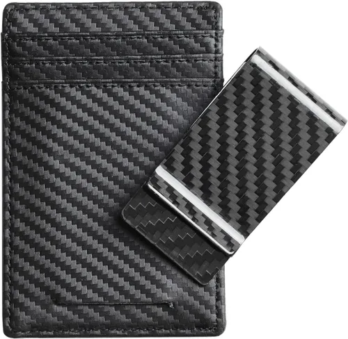 Vista 9 de Travelambo Clip para dinero para hombre, de piel, delgado, minimalista, con bloqueo RFID (tejido negro), Tejido negro, Minimalista