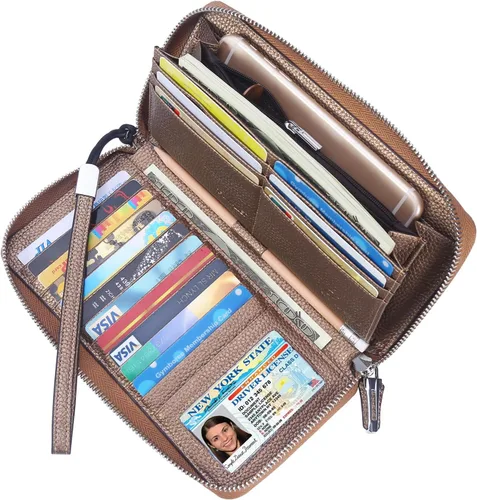 Vista 73 de Lavemi Pequeña cartera compacta para mujer, con bloqueo RFID, de piel auténtica, plegable, con ventanas de identificación