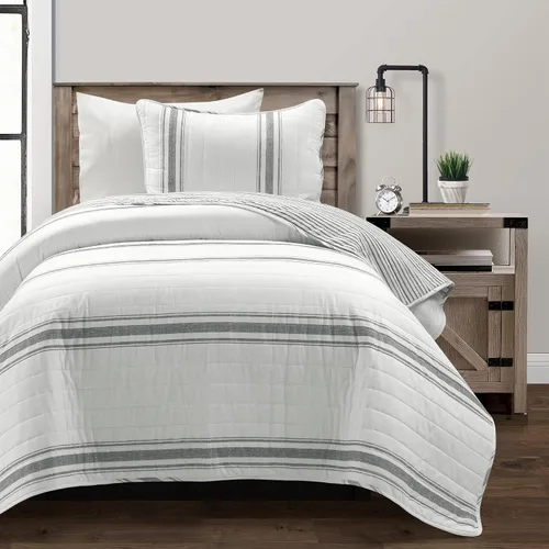 Vista 14 de Lush Decor Juego de edredón reversible a rayas de granja, juego de 2 piezas, individual XL, color negro, juego de ropa de cama de tamaño individual
