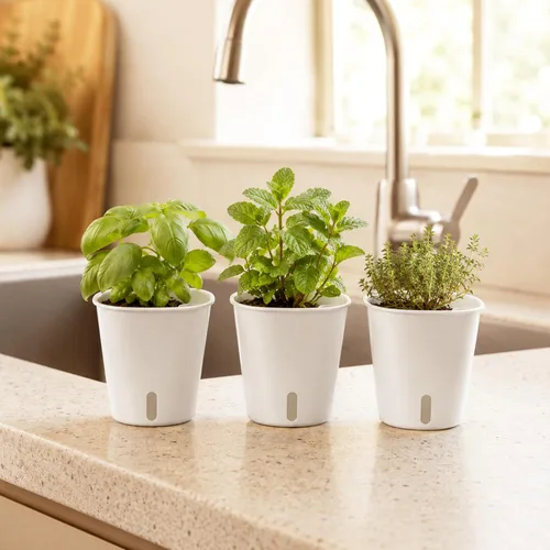 Vista 5 de Macetas de riego automático de 3 pulgadas, 10 juegos de macetas para plantas de interior con indicador de nivel de agua y múltiples rejillas