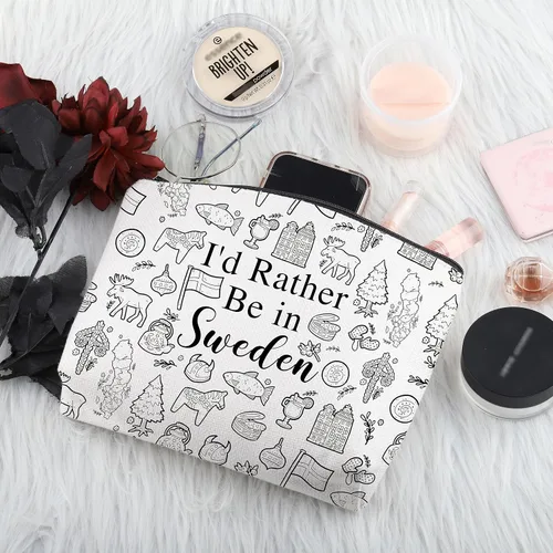 Vista 4 de PWHAOO Suecia viaje regalo de vacaciones I'd Rather Be in Sweden Bolsa de maquillaje Bolsa de maquillaje Bandera sueca Orgullo Cosméticos Suecia