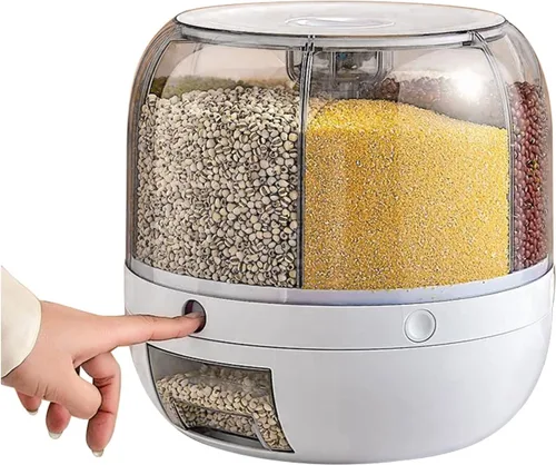 Vista 9 de Dispensador de arroz, dispensador giratorio de alimentos secos de 6 rejillas, cubo dispensador de granos, recipientes para almacenamiento