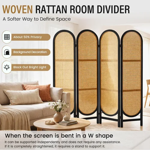 Vista 4 de Divisor de habitación de ratán arqueado de 5.6 pies, pantalla de privacidad plegable, 4 paneles independientes con bisagras dobles, divisor