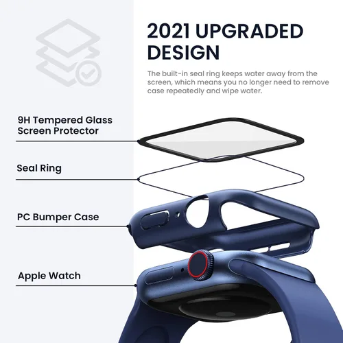 Vista 3 de Tensea - Funda protectora de pantalla para Apple Watch de 1.732 in SE 3/2nd/SE/Series 6/5/4 Waterproof iWatch Protective Face Cover -Tempered