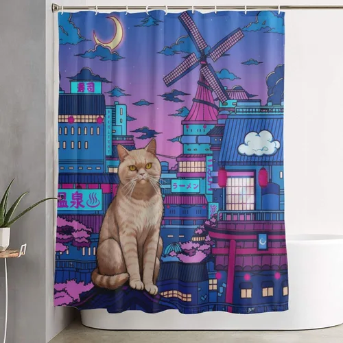 Vista 9 de Cortina de ducha de gato japonés de neón, impermeable, de poliéster, decoración retro para niños y adultos, se adapta a bañera, ducha y ventana