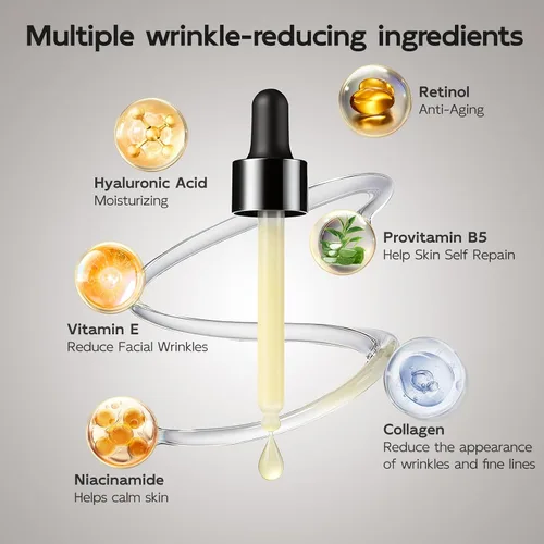 Vista 3 de Suero de retinol para cara y cuello, antienvejecimiento B5 suero facial rejuvenecedor con niacinamida + colágeno + ácido hialurónico, suaviza