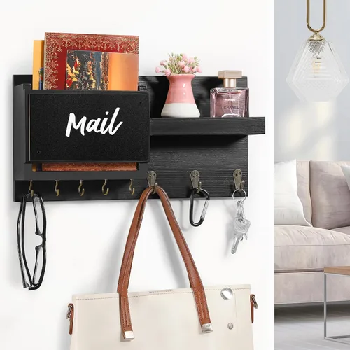 Vista 6 de Estante decorativo para colgar llaves con 8 ganchos, fácil de instalar, soporte de madera natural para llaves y correo para montaje en pared
