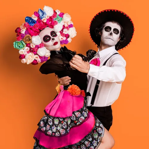 Vista 3 de Día de los Muertos Halloween con lazo en falda bulliciosa accesorios de disfraz Día de los Muertos lindo vestido de calavera para mujeres Senorita