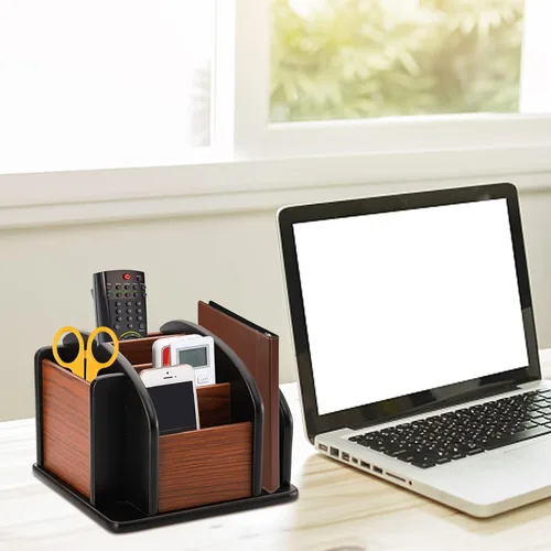 Vista 6 de DEAYOU Organizador de madera giratorio a distancia, soporte giratorio para control remoto para mesa, 6 compartimentos, suministros de oficina