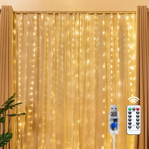 Vista 11 de Brightown 300 luces LED de cortina de hadas, 9.8 pies x 9.8 pies, enchufe USB, 8 modos de iluminación, tira de luces LED de Navidad colgantes