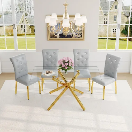 Vista 9 de Juego de mesa de comedor moderna para mesa de comedor negra de 4,63 pulgadas, juego de 4 con patas de metal dorado, mesa de cocina rectangular