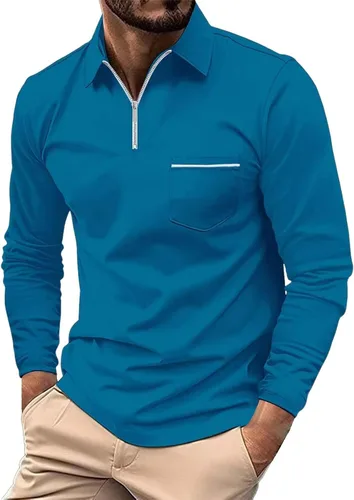 Vista 8 de Polo con cremallera de un cuarto para hombre, manga larga, ajustada, elástica, cuello para golf, oficina y trabajo