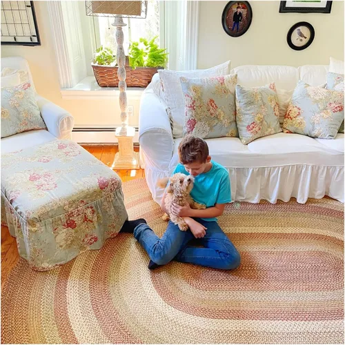 Vista 26 de Homespice Apple Pie - Alfombra ovalada roja de 2 x 3 pies, alfombra de cocina trenzada para decoración primitiva y rústica, reversible, yute sin