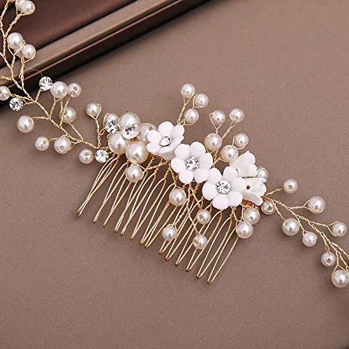 Vista 4 de Kercisbeauty Peines de pelo de perlas para mujer, para novia, color dorado, diadema de rosa, para graduación, ocasión especial, joyería