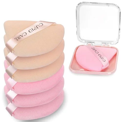 Vista 11 de 6 Piezas Borlas de Polvo Triangulares con 2 Estuches de Viaje, Borlas de Polvo Fijador para Polvo Facial y Base de Maquillaje, Borla de Maquillaje