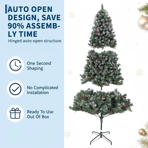 Vista 6 de 6.5 ft Prelit Snow Flocked Christmas Tree, Artificial Pine Tree with Red Berries & Pine Cones, 880 Branch Tips, Hinged Branches, Easy Assembly, Fire
