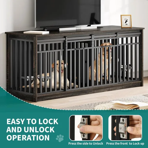 Vista 5 de DWVO Mueble doble para perros de 71 pulgadas para 2 perros medianos, soporte de TV de madera resistente con puertas correderas, mesa decorativa