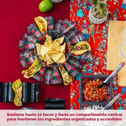 Vista 3 de Prepara Carrusel de tacos del Día de los Muertos, color negro - Soporte duradero para tacos de melamina con capacidad para 10 tacos para diversión