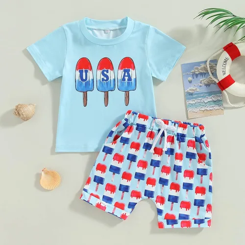 Vista 2 de LouVasabuce Conjunto de ropa de verano para el 4 de julio, camiseta de manga corta, casual, pantalones cortos de EE. UU