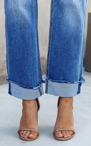 Vista 5 de PLNOTME Pantalones de mezclilla de cintura alta para mujer, pierna recta, elásticos, casuales, con puños