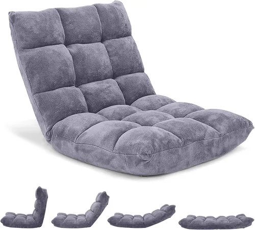 Vista 11 de Byroce - Silla plegable para juegos de suelo, ajustable de 14 posiciones, sofá cama con soporte para espalda, sillón reclinable para meditación Café