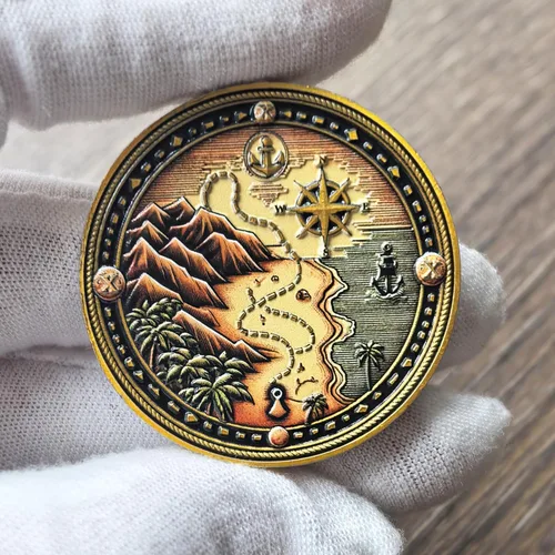Vista 4 de Moneda de desafío pirata – Moneda de aleación de zinc con temática de aventura con diseño de mapa del tesoro – Moneda coleccionable de 1.57 pulgadas