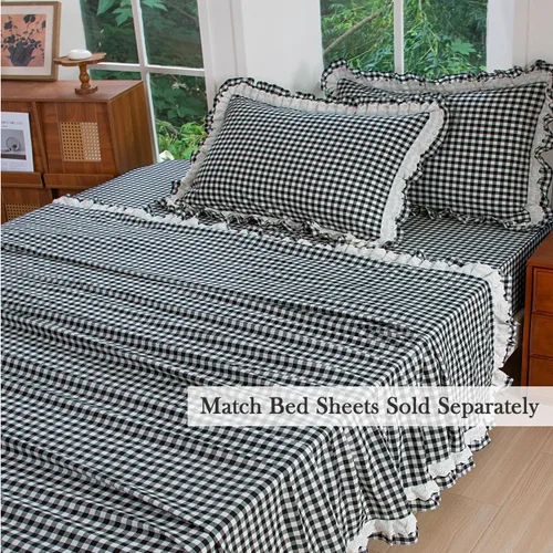 Vista 7 de FADFAY Twin 100% Washed Cotton Black & White Gingham Ruffle Duvet Cover Set Soft, Breathable, Crisp, Hidden Zipper Closure, 8 Corner Ties