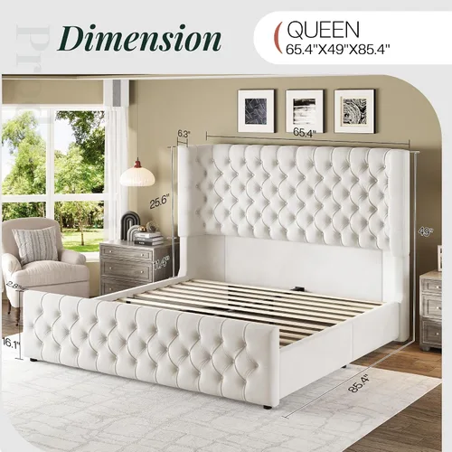 Vista 2 de Jocisland Base de cama tapizada tamaño Queen con cabecera curvada de 6.3 pulgadas, estribo copetudo, listones de madera, no necesita somier