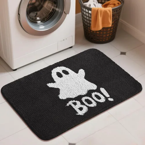Vista 6 de Alfombra de baño negra de Halloween de 20 x 32 pulgadas, tapete de baño de fantasma, tapete antideslizante para baño, alfombra de baño suave
