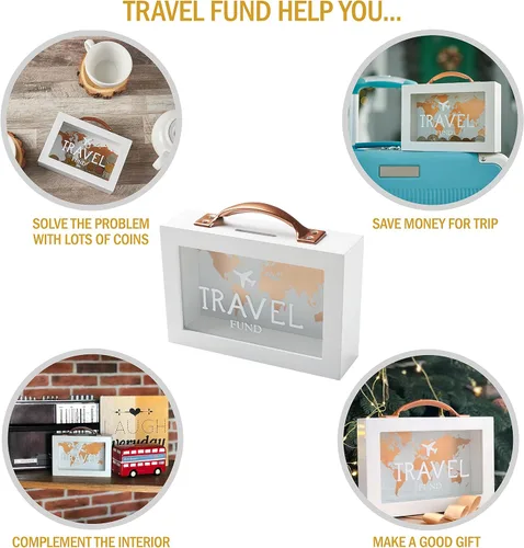 Vista 3 de Caja de dinero de sombra para ahorro de viaje - Banco de monedas para adultos - Tarro de vacaciones - Caja de ahorro blanca con asa - Fondo de luna