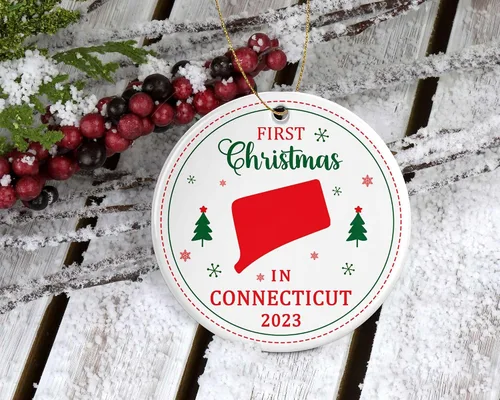Vista 2 de Adorno de la primera Navidad en Connecticut 2023 – Decoración colgante de árbol para amantes de las fiestas de Navidad – Regalo de festival