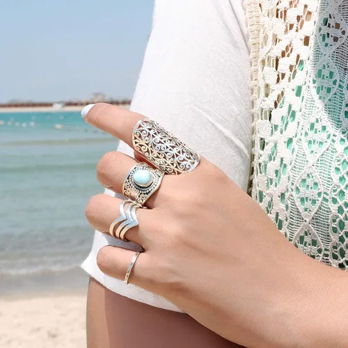 Vista 6 de Boho-Magic Anillo de plata de ley para mujer, banda ancha grande, dedo completo