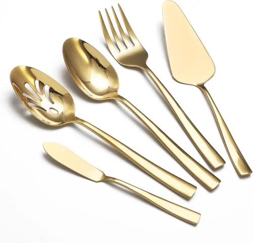 Vista 9 de Juego grande de utensilios de servir para anfitriona, cucharas de servir de acero inoxidable resistentes, cucharas ranuradas, tenedor de servir