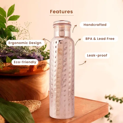 Vista 4 de Botella de agua de cobre puro con bolsa de yute, extragrande, recipiente para beber, bebe más agua, botella para beneficios de salud, hogar