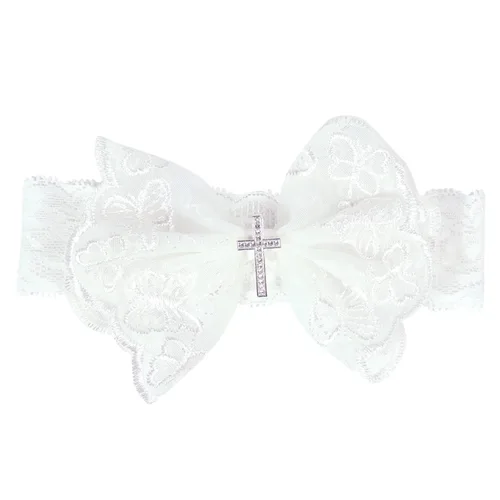 Vista 3 de BBTDIN Diademas de bautizo para bautizo para bebés y niñas, con encaje de flores, lazo blanco BBG11 (B1-Bow con cruz)