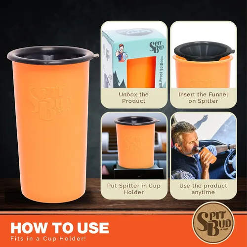 Vista 4 de Spit Bud Escupidera Original Hunter Naranja para Masticar - Taza Portátil con Tapa, Aleta de Apertura, Embudo a Prueba de Derrames - Se Adapta a