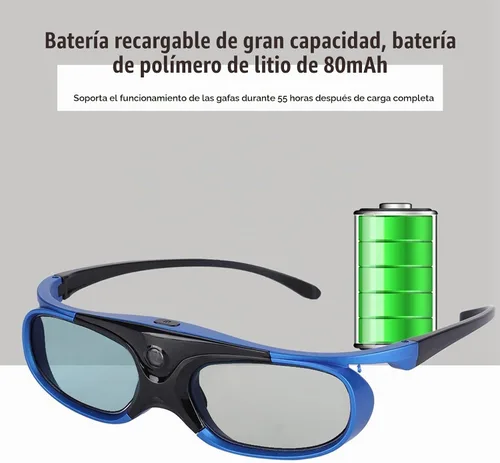 Vista 2 de Lentes universales 3D, DLP-Link Active Shutter Glasses con batería recargable de 80 mAh, 50 horas de trabajo continuo, gafas para proyectores DLP
