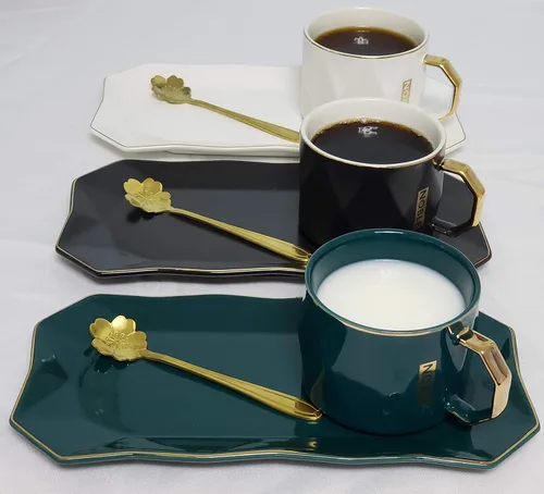 Vista 2 de YAGE Juego de tazas de café de cerámica con cuchara y bandeja, taza de té para bebidas calientes y frías para la oficina y el hogar con platillo
