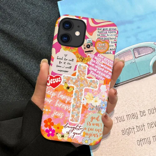 Vista 4 de DAIZAG Funda compatible con iPhone 11, funda duradera de protección contra golpes para niñas y mujeres, cruz bíblica, collage de flores