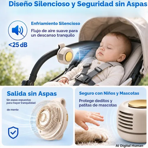 Vista 9 de Mini ventilador silencioso portátil sin aspas, clip giratorio de 360° en Blanco