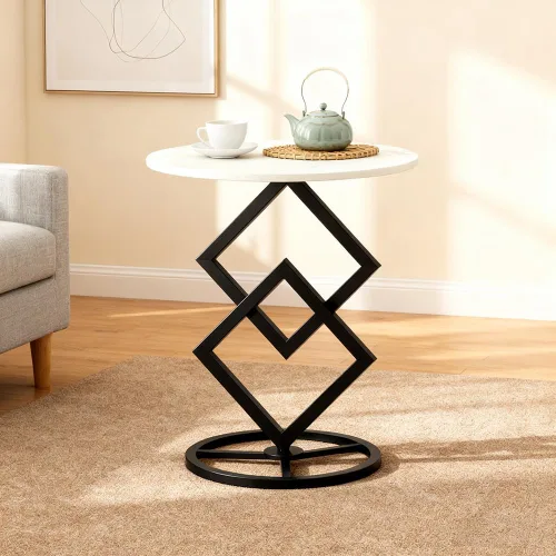 Vista 9 de Mesa auxiliar redonda bohemia para sala de estar, mesas auxiliares de escritorio de mármol natural con base floral de metal minimalista bohemio
