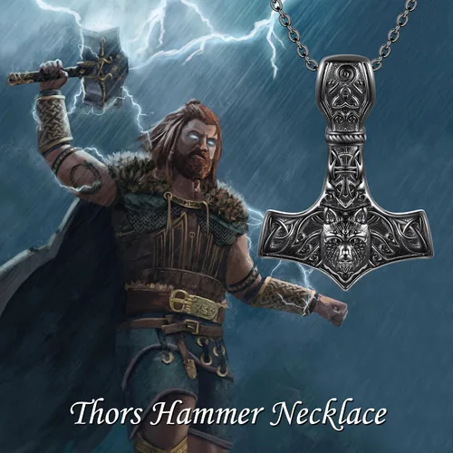 Vista 6 de URONE Thors - Collar de martillo de plata esterlina, colgante de lobo vikingo Mjolnir, joyería nórdica pagana, regalos para mujeres y hombres, Plata