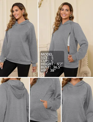 Vista 5 de Bhome Sudadera de lactancia con capucha para lactancia materna con cremalleras ocultas, bolsillo de canguro