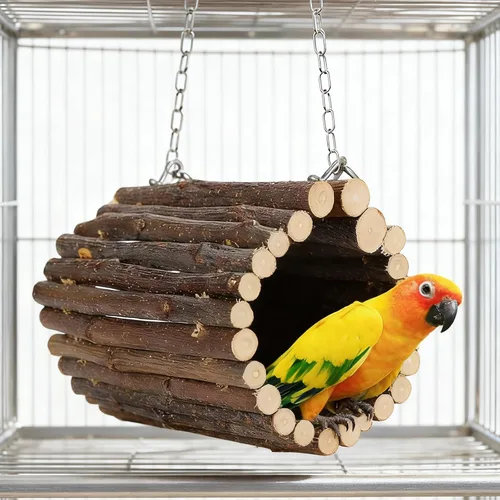 Vista 6 de Túnel de madera de frutas para pájaros, juguetes de columpio de loro, cuevas colgantes de árbol de pájaros, túnel de ramas de madera de manzano