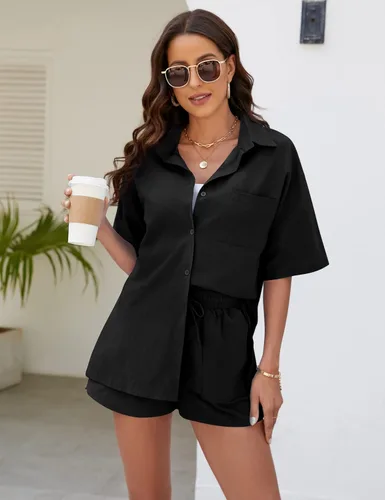 Vista 2 de Conjunto deportivo de 2 piezas para mujer, camisa de algodón y lino con botones y pantalones cortos de cintura alta