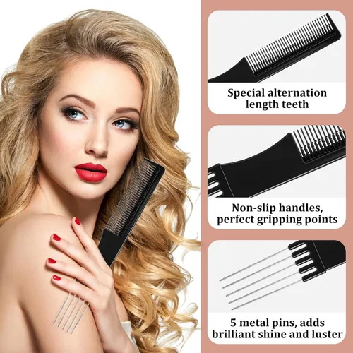Vista 3 de 3 peines de elevación de cabello con puntas de metal para mujeres, peine de levantamiento de pelo fino con púa de metal, peines para peluquería