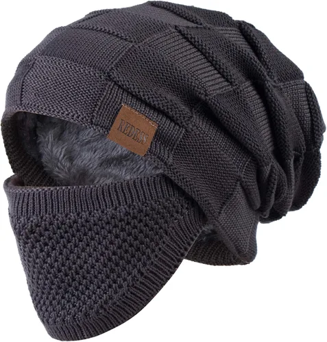 Vista 12 de REDESS Gorro para hombre y mujer, gorro de invierno cálido de punto holgado grueso con cubierta facial D2 Negro