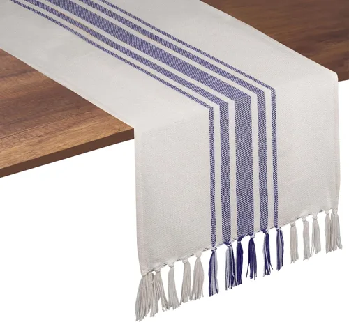 Vista 11 de Native Fab Camino de mesa a rayas grises – Mantel bohemio de 72 pulgadas de largo con borlas – 100% algodón, tejido apretado, mantel antideslizante
