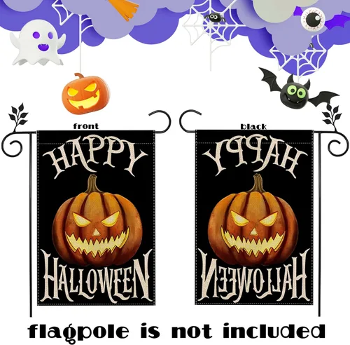 Vista 2 de Bandera de jardín de Halloween con fantasma, gato Boo, 12 x 18 pulgadas, vertical de doble cara con calabaza feliz Halloween, decoración exterior