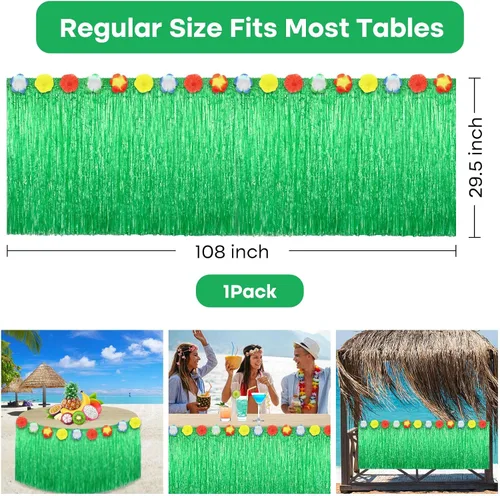 Vista 2 de Morcheiong Paquete de 1 falda de mesa de hierba Luau, 9 pies x 29.5 pulgadas, falda de mesa hawaiana para Tiki, selva, suministros de decoración